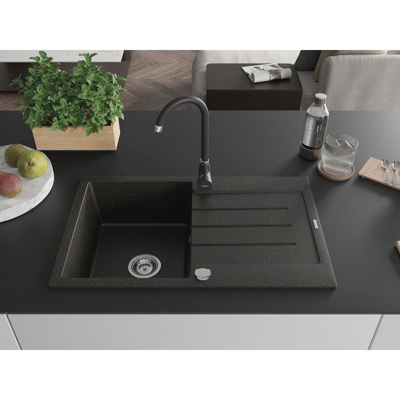 Mexen Bruno granite kitchen sink 1-bowl with drainer and Telma kitchen tap, black/gold - 6513-75-670200-70