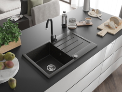 Mexen Bruno granite 1-bowl sink with drainer and Telma kitchen faucet, black/gold - 6513-75-670200-70