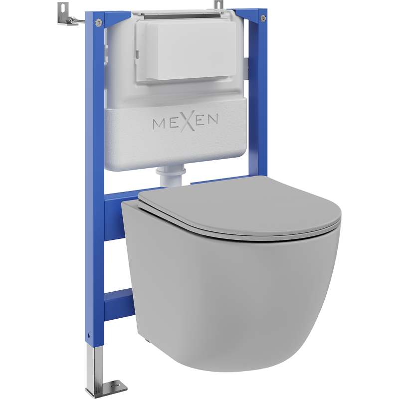 Mexen Lena wall-mounted WC set with Tex Air XS-F pneumatic frame, toilet bowl, and soft-closing lid, light gray matte