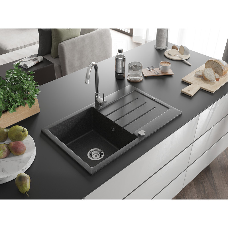Mexen Bruno single-bowl granite sink with drainer and Telma kitchen faucet, spotted black - 6513-76-670200-00