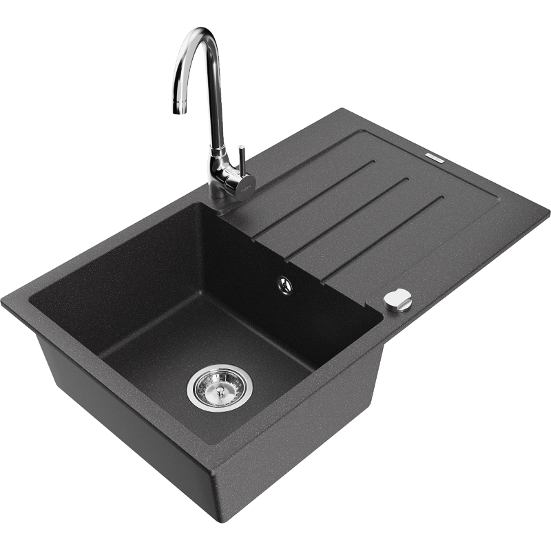Mexen Bruno granite sink 1-bowl with drainer and Telma kitchen tap, black speckled - 6513-76-670200-00