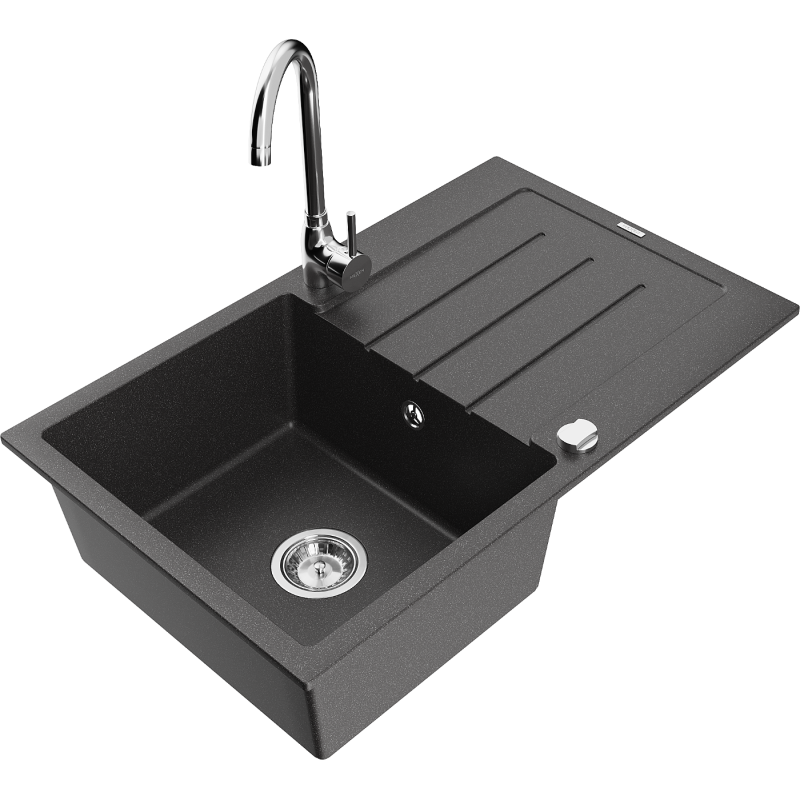 Mexen Bruno single-bowl granite sink with drainer and Telma kitchen faucet, spotted black - 6513-76-670200-00