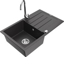 Mexen Bruno granite sink 1-bowl with drainer and Telma kitchen tap, black speckled - 6513-76-670200-00