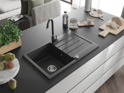 Mexen Bruno granite sink 1-bowl with drainer and Telma kitchen tap, black speckled - 6513-76-670200-76