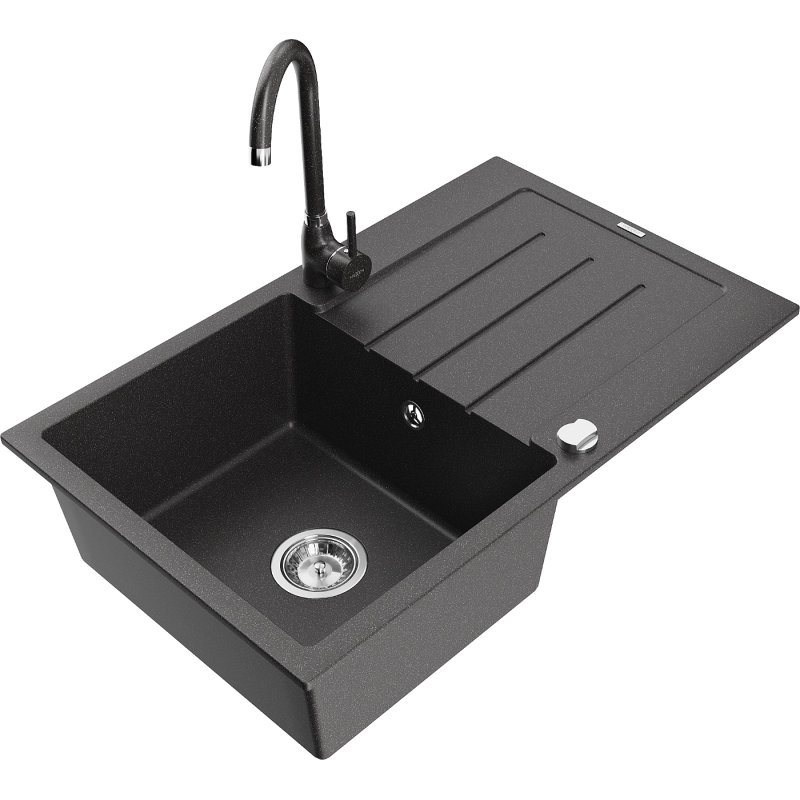 Mexen Bruno 1-bowl granite sink with drainer and Telma kitchen faucet, black speckled - 6513-76-670200-76