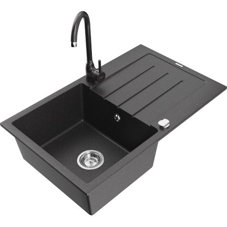 Mexen Bruno granite sink 1-bowl with drainer and Telma kitchen tap, black speckled - 6513-76-670200-76