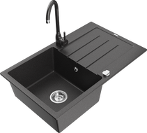 Mexen Bruno 1-compartment granite sink with a drip tray and kitchen mixer tap Telma, Spotted black - 6513-76-670200-76