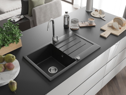 Mexen Bruno 1-bowl granite kitchen sink with drainer and Telma kitchen faucet, black - 6513-77-670200-00
