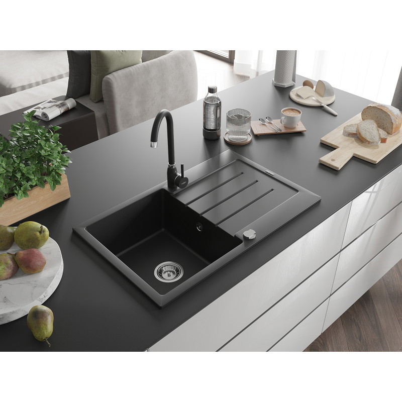 Mexen Bruno granite kitchen sink single bowl with drainer and Telma kitchen faucet, black - 6513-77-670200-70