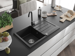 Mexen Bruno granite kitchen sink single bowl with drainer and Telma kitchen faucet, black - 6513-77-670200-70