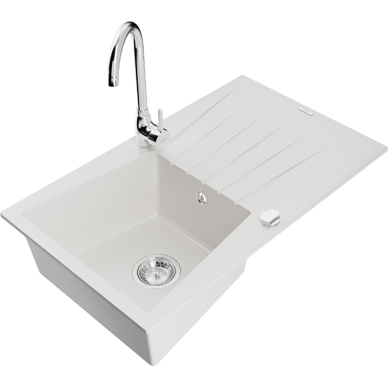 Mexen Cesar 1-compartment granite sink with a drip tray and kitchen mixer tap Telma, White - 6514-20-670200-00
