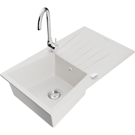 Mexen Cesar 1-compartment granite sink with a drip tray and kitchen mixer tap Telma, White - 6514-20-670200-00