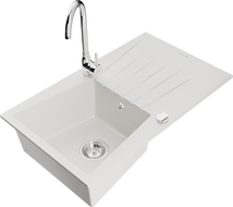 Mexen Cesar 1-compartment granite sink with a drip tray and kitchen mixer tap Telma, White - 6514-20-670200-00