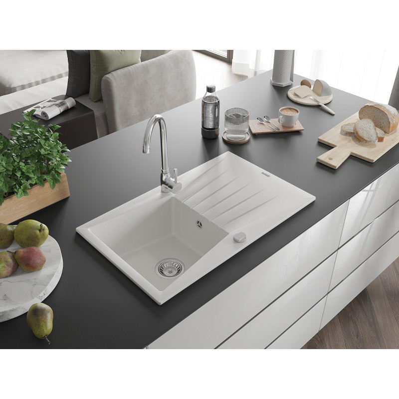 Mexen Cesar granite kitchen sink with 1 bowl and drainer with Telma kitchen faucet, white - 6514-20-670200-00