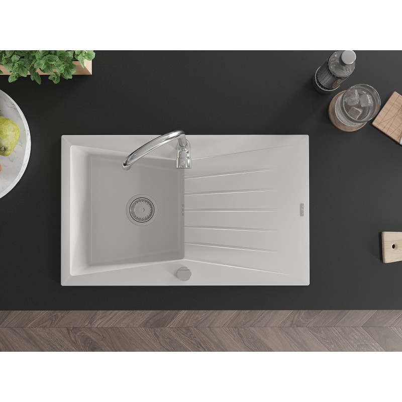 Mexen Cesar granite kitchen sink with 1 bowl and drainer with Telma kitchen faucet, white - 6514-20-670200-00