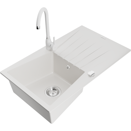 Mexen Cesar 1-compartment granite sink with a drip tray and kitchen mixer tap Telma, White - 6514-20-670200-20