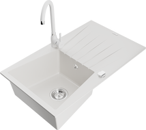 Mexen Cesar granite 1-bowl kitchen sink with drainer and Telma kitchen faucet, white - 6514-20-670200-20