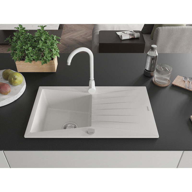 Mexen Cesar 1-bowl granite sink with drainer and Telma kitchen tap, white - 6514-20-670200-20