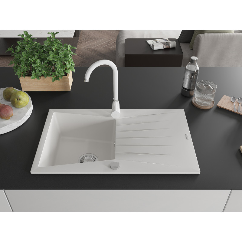 Mexen Cesar granite 1-bowl kitchen sink with drainer and Telma kitchen faucet, white - 6514-20-670200-20