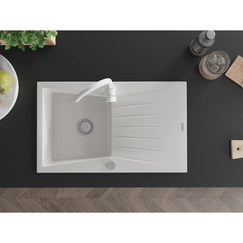 Mexen Cesar granite 1-bowl kitchen sink with drainer and Telma kitchen faucet, white - 6514-20-670200-20