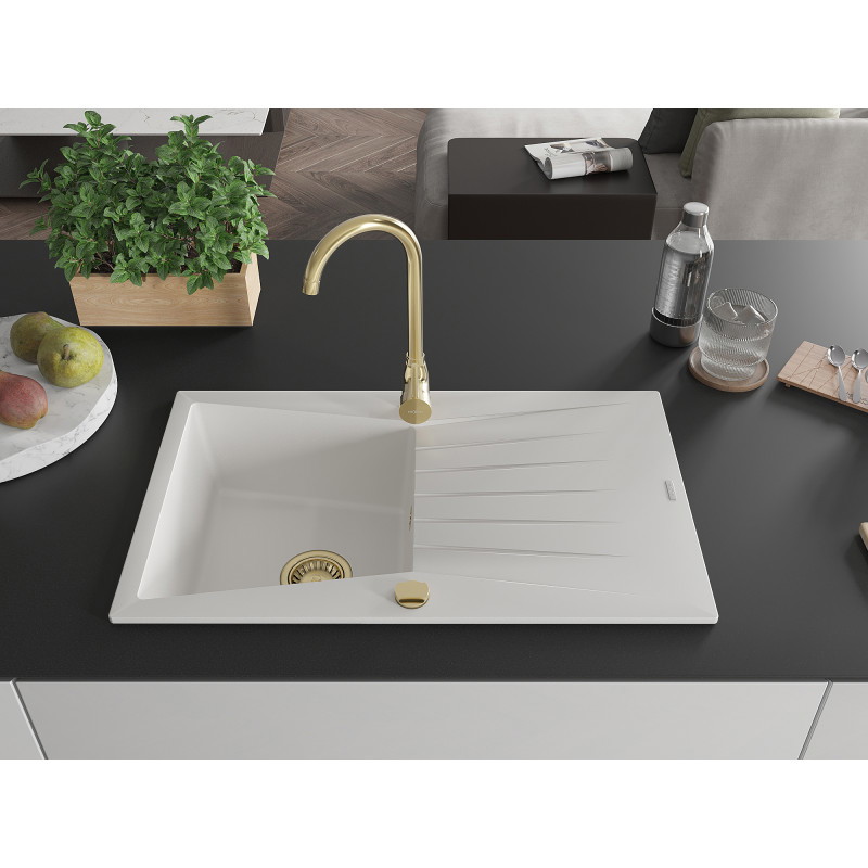Mexen Cesar granite 1-bowl kitchen sink with drainer and Telma kitchen faucet, white - 6514-20-670200-50