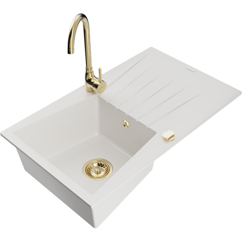Mexen Cesar granite 1-bowl kitchen sink with drainer and Telma kitchen faucet, white - 6514-20-670200-50
