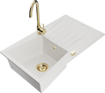 Mexen Cesar granite 1-bowl kitchen sink with drainer and Telma kitchen faucet, white - 6514-20-670200-50