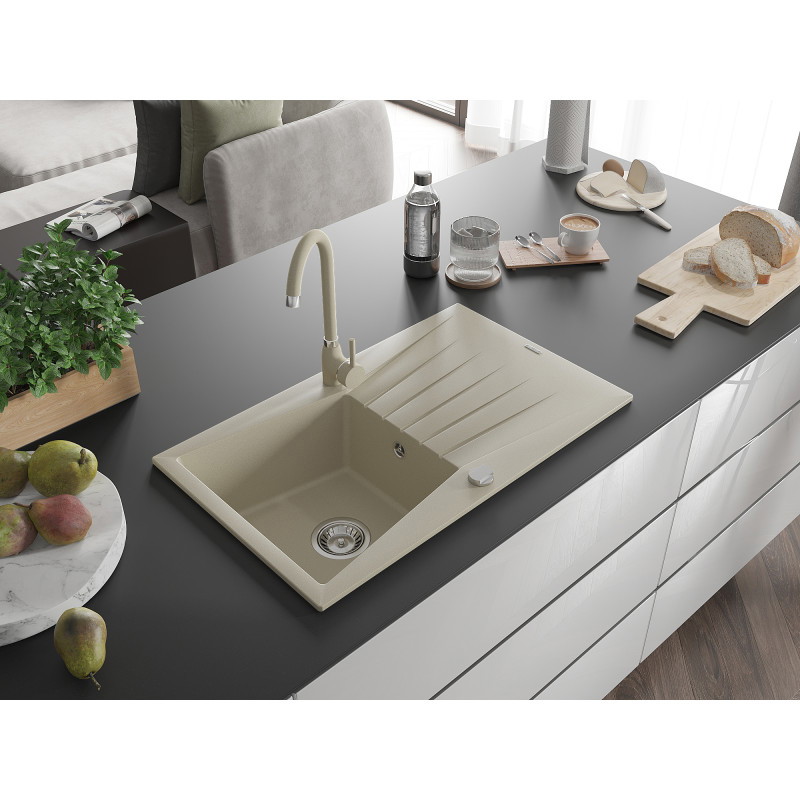 Mexen Cesar granit sink 1-bowl with drainer and Telma kitchen faucet, beige - 6514-69-670200-69
