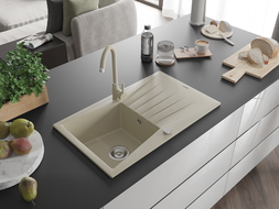 Mexen Cesar 1-compartment granite sink with a drip tray and kitchen mixer tap Telma, Beige - 6514-69-670200-69