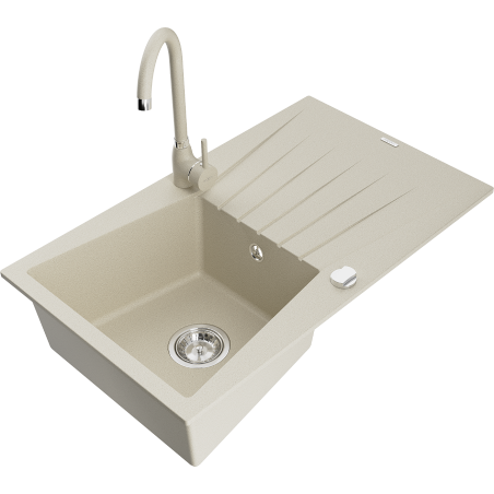 Mexen Cesar 1-compartment granite sink with a drip tray and kitchen mixer tap Telma, Beige - 6514-69-670200-69