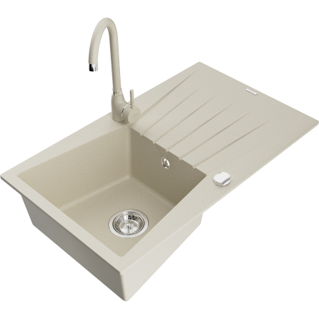 Mexen Cesar single-bowl granite sink with drainer and Telma kitchen tap, beige - 6514-69-670200-69