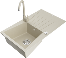 Mexen Cesar 1-compartment granite sink with a drip tray and kitchen mixer tap Telma, Beige - 6514-69-670200-69