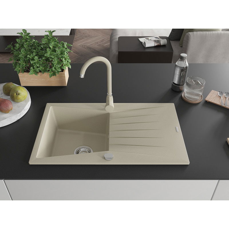 Mexen Cesar single-bowl granite sink with drainer and Telma kitchen tap, beige - 6514-69-670200-69