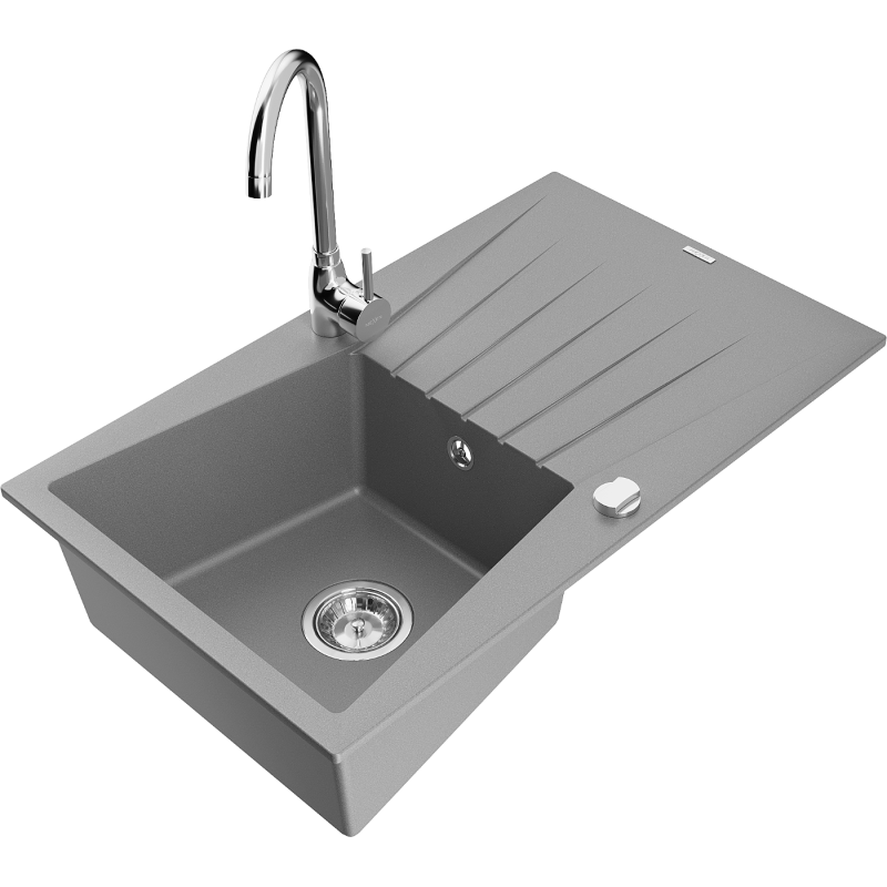 Mexen Cesar 1-compartment granite sink with a drip tray and kitchen mixer tap Telma, Grey - 6514-71-670200-00