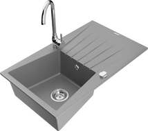 Mexen Cesar 1-compartment granite sink with a drip tray and kitchen mixer tap Telma, Grey - 6514-71-670200-00