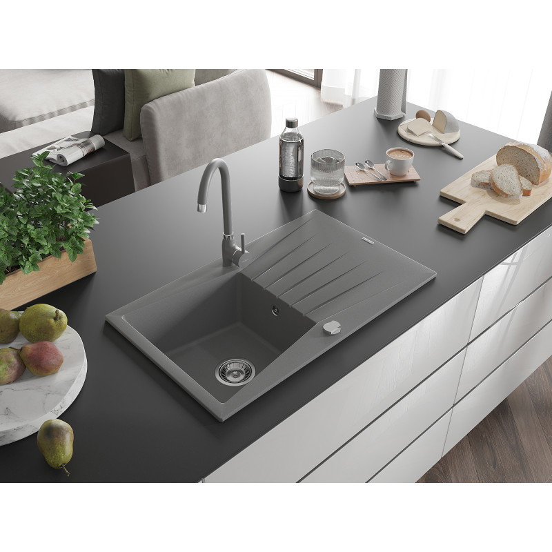 Mexen Cesar 1-bowl granite sink with drainer and Telma kitchen faucet, gray - 6514-71-670200-71