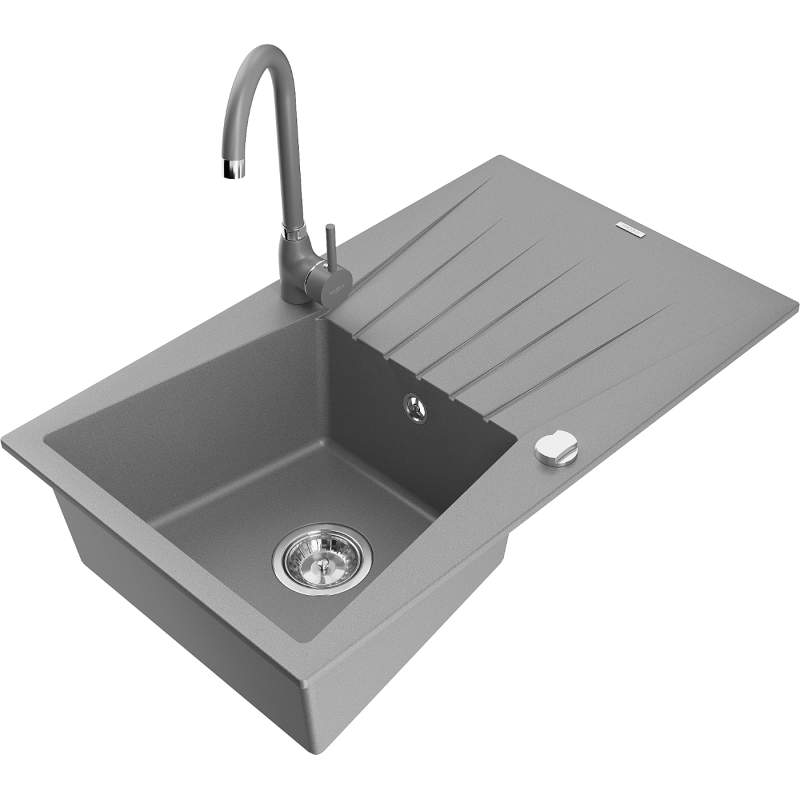 Mexen Cesar 1-compartment granite sink with a drip tray and kitchen mixer tap Telma, Grey - 6514-71-670200-71