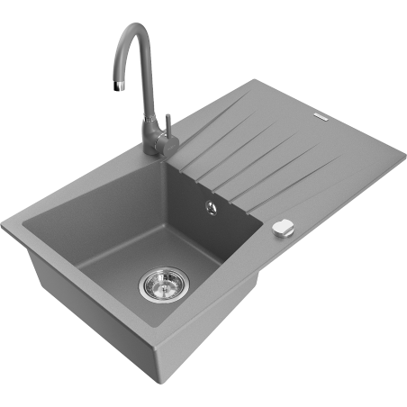 Mexen Cesar granite kitchen sink 1-bowl with drainer and Telma kitchen tap, grey - 6514-71-670200-71