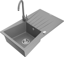 Mexen Cesar 1-compartment granite sink with a drip tray and kitchen mixer tap Telma, Grey - 6514-71-670200-71