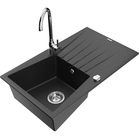 Mexen Cesar 1-compartment granite sink with a drip tray and kitchen mixer tap Telma, Black/Silver - 6514-73-670200-00
