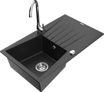 Mexen Cesar granite kitchen sink 1-bowl with drainer and Telma kitchen faucet, black/silver - 6514-73-670200-00