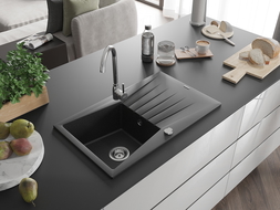 Mexen Cesar 1-compartment granite sink with a drip tray and kitchen mixer tap Telma, Black/Silver - 6514-73-670200-00