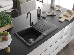 Mexen Cesar 1-bowl Granite Sink with Drainer and Kitchen Faucet Telma, Black/Silver - 6514-73-670200-70