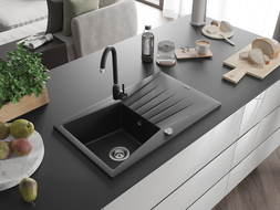 Mexen Cesar 1-compartment granite sink with a drip tray and kitchen mixer tap Telma, Black/Silver - 6514-73-670200-70