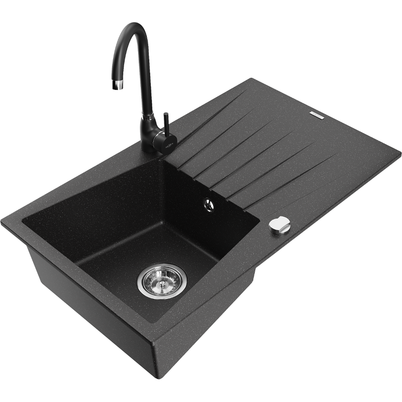 Mexen Cesar 1-compartment granite sink with a drip tray and kitchen mixer tap Telma, Black/Silver - 6514-73-670200-70