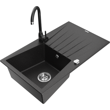 Mexen Cesar 1-compartment granite sink with a drip tray and kitchen mixer tap Telma, Black/Silver - 6514-73-670200-70