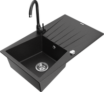 Mexen Cesar 1-compartment granite sink with a drip tray and kitchen mixer tap Telma, Black/Silver - 6514-73-670200-70