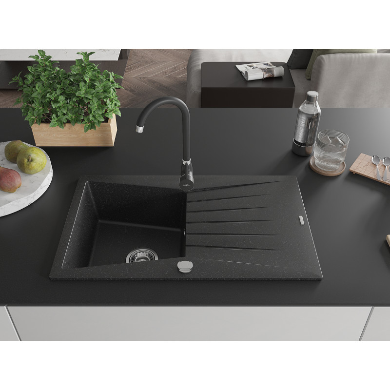 Mexen Cesar 1-bowl Granite Sink with Drainer and Kitchen Faucet Telma, Black/Silver - 6514-73-670200-70