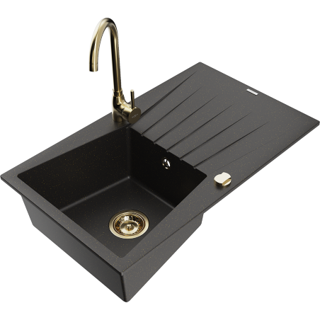 Mexen Cesar granite sink 1-bowl with drainer and Telma kitchen faucet, black/gold - 6514-75-670200-50