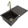 Mexen Cesar granite sink 1-bowl with drainer and Telma kitchen faucet, black/gold - 6514-75-670200-50